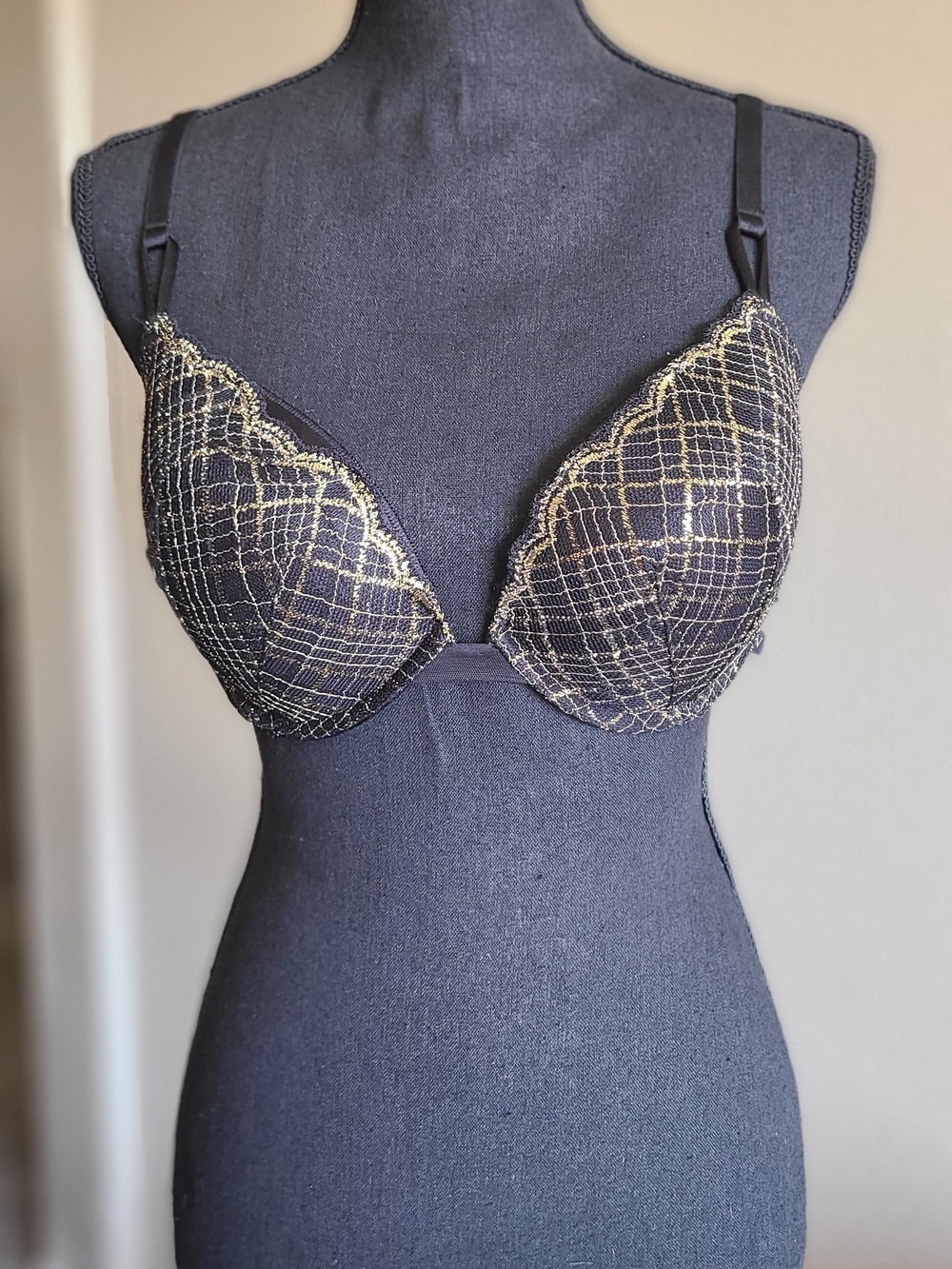 Victoria's Secret Push-Up Black Bra with Gold Plaid Embroidery and Bra Extender